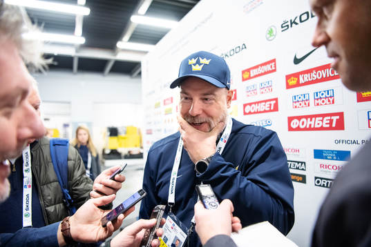 Head coach Rikard Grönborg of Sweden is being interview by