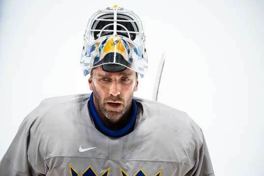Goaltender Henrik Lundqvist of Sweden at a practice session