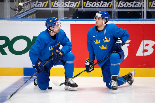 Elias Lindholm and William Nylander of Sweden at a practice