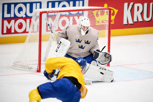 Goaltender Jhonas Enroth of Sweden at a practice session