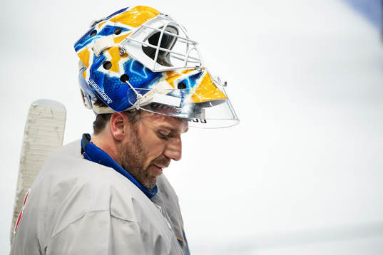 Goaltender Henrik Lundqvist of Sweden at a practice session