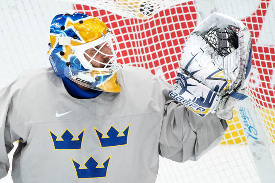 Goaltender Henrik Lundqvist of Sweden at a practice session