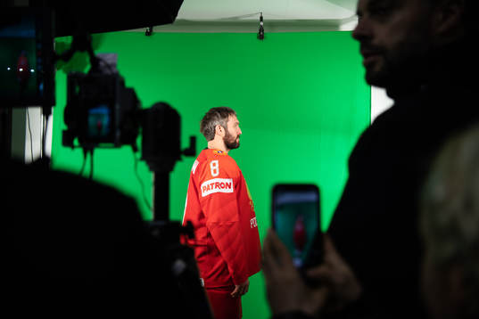 Alexander Ovechkin of Russia at a green screen filming