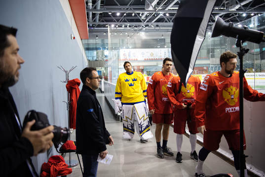 Goaltender Henrik Lundqvist of Sweden waiting in line