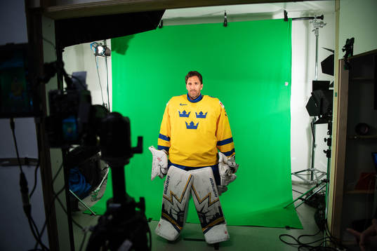 Goaltender Henrik Lundqvist of Sweden at a green screen