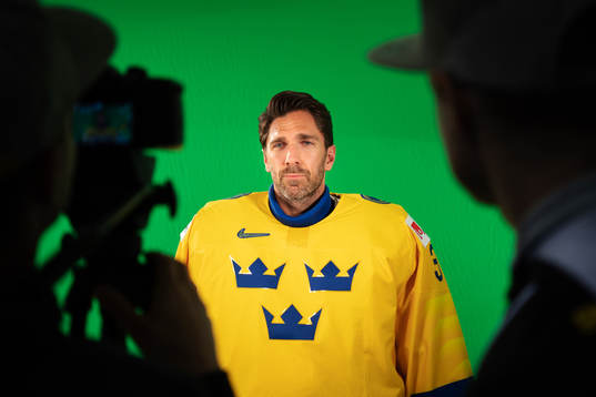 Goaltender Henrik Lundqvist of Sweden at a green screen