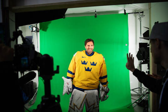 Goaltender Henrik Lundqvist of Sweden at a green screen