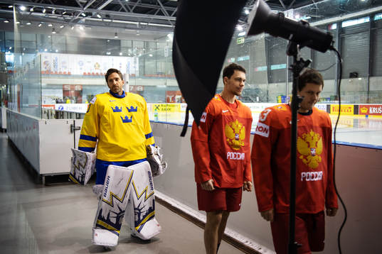 Goaltender Henrik Lundqvist of Sweden waiting in line