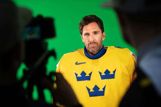 Goaltender Henrik Lundqvist of Sweden at a green screen