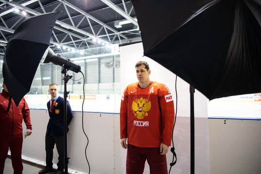 Evgeni Malkin of Russia at an official portrait session