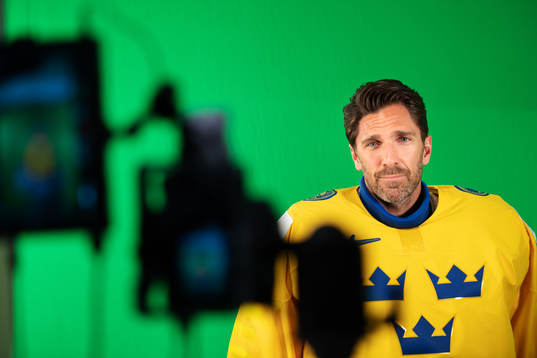 Goaltender Henrik Lundqvist of Sweden at a green screen