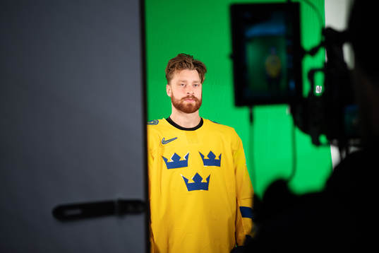 Adam Larsson of Sweden at a green screen filming