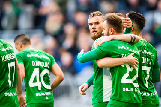 Hammarbys David Fällman jublar med Muamer Tankovic