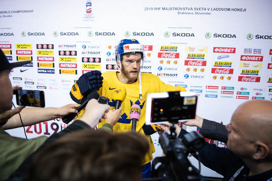 Mattias Ekholm of Sweden is being interview by media