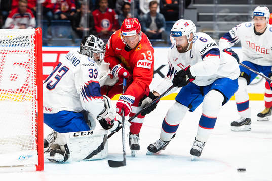 Sergei Andronov of Russia against goaltender Henrik