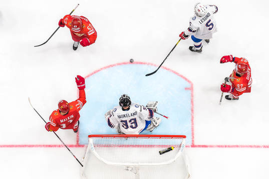 Evgeni Malkin, Yevgeni Dadonov and Nikita Gusev of Russia