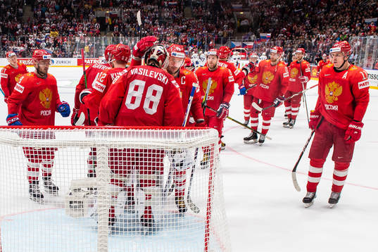 Ilya Kovalchuk celebrate with goaltender Andrei Vasilevski