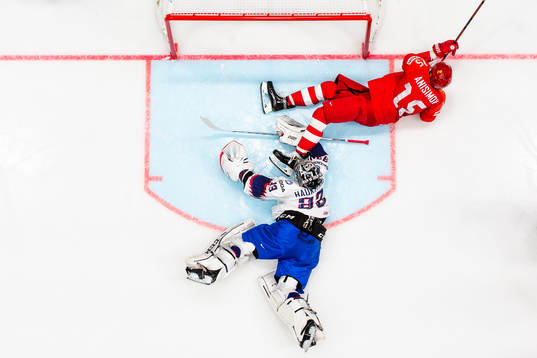 Goaltender Henrik Haukeland of Norway against Artyom