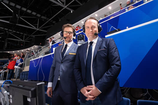 Jonas Andersson and Chris Härenstam of SVT pose for a