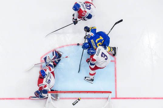 Loui Eriksson of Sweden in action with goaltender Patrik