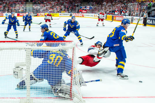 Michael Frolik of Czech Republic against goaltender Henrik