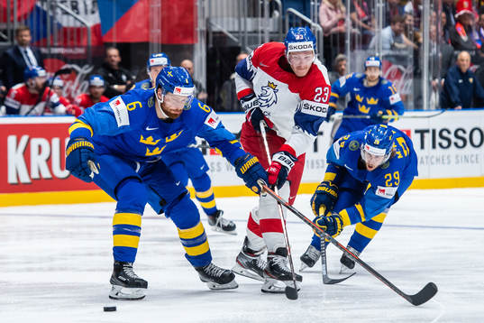 Adam Larsson and Mario Kempe of Sweden against Dmitrij