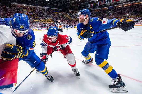 Oskar Lindblom and Mattias Ekholm of Sweden against Radko