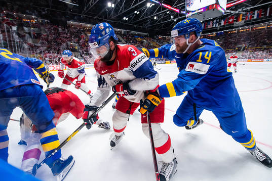 Mattias Ekholm of Sweden against Radko Gudas of Czech