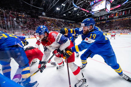 Mattias Ekholm of Sweden against Radko Gudas of Czech