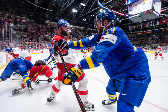 Mattias Ekholm of Sweden against Radko Gudas of Czech