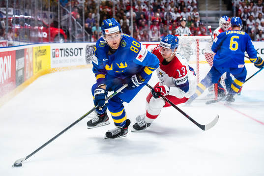 William Nylander of Sweden in action with Jakub Vrana of