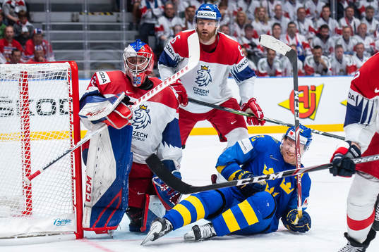 Goaltender Patrik Bartosak and David Musil against Patric