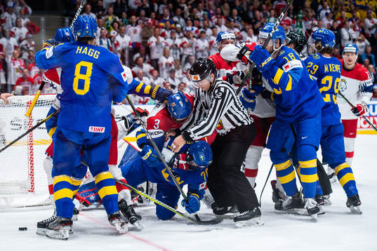Radko Gudas of Czech Republic and Dennis Rasmussen of Sweden