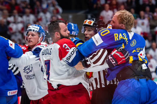 Radko Gudas of Czech Republic fights Dennis Rasmussen of