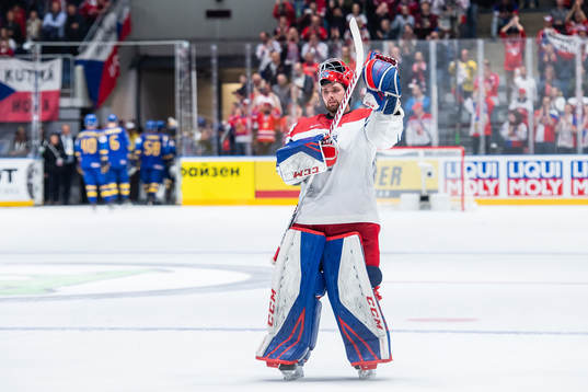 Goaltender Patrik Bartosak  of Czech Republic celebrates