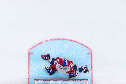 Goaltender Patrik Bartosak of Czech Republic celebrates