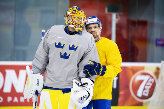 Goaltender Jacob Markström and Anton Lander of Sweden at a