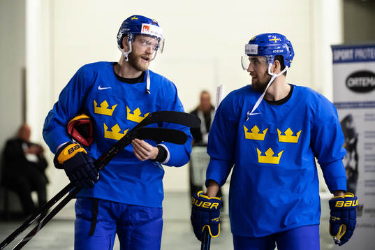 Mattias Ekholm and Erik Gustafsson of Sweden at a practice