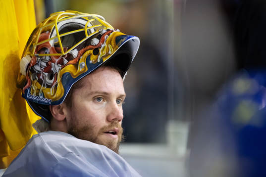 Goaltender Jacob Markström of Sweden at a practice session