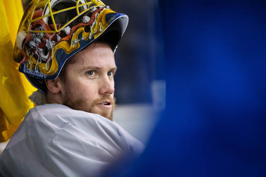 Goaltender Jacob Markström of Sweden at a practice session