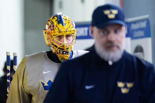 Goaltender Jacob Markström of Sweden at a practice session