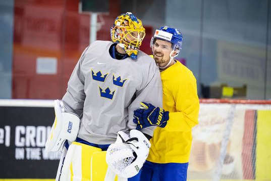 Goaltender Jacob Markström and Anton Lander of Sweden at a