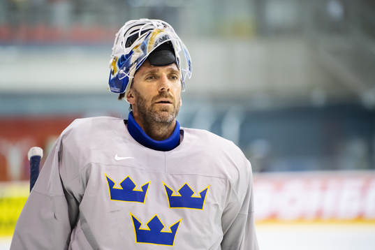 Goaltender Henrik Lundqvist of Sweden at a practice session