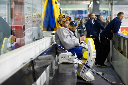Goaltender Jacob Markström and goalie coach Stefan Ladhe