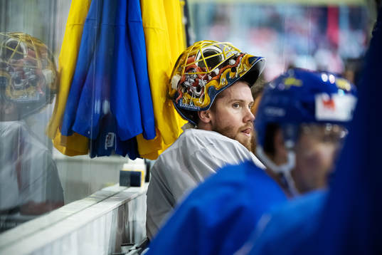 Goaltender Jacob Markström of Sweden at a practice session