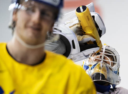 Goaltender Henrik Lundqvist of Sweden at a practice session