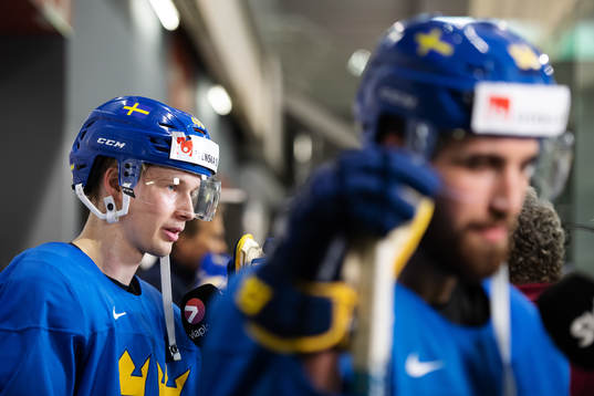 Elias Pettersson of Sweden is being interviewed by media