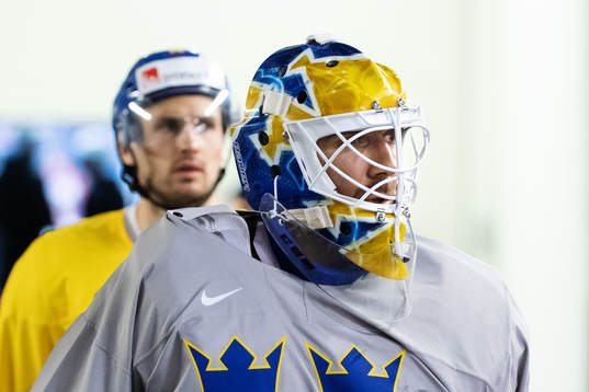 Goaltender Henrik Lundqvist of Sweden at a practice session