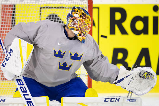 Goaltender Jacob Markström of Sweden at a practice session