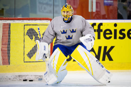 Goaltender Jacob Markström of Sweden at a practice session